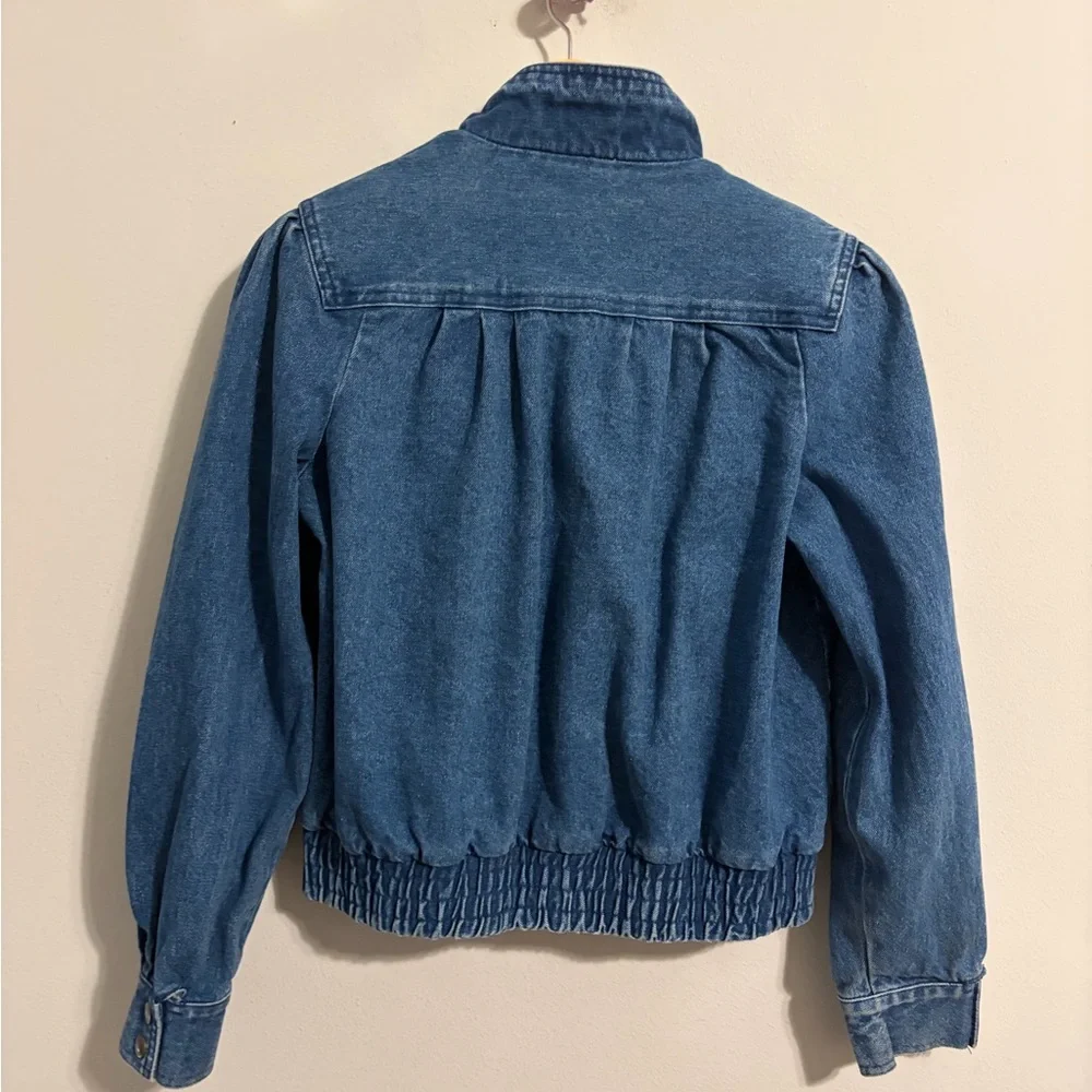 Vintage Dark Blue Bomber Jean Jacket Size Medium Stranger Things Puff Shoulder - Picture 3 of 9